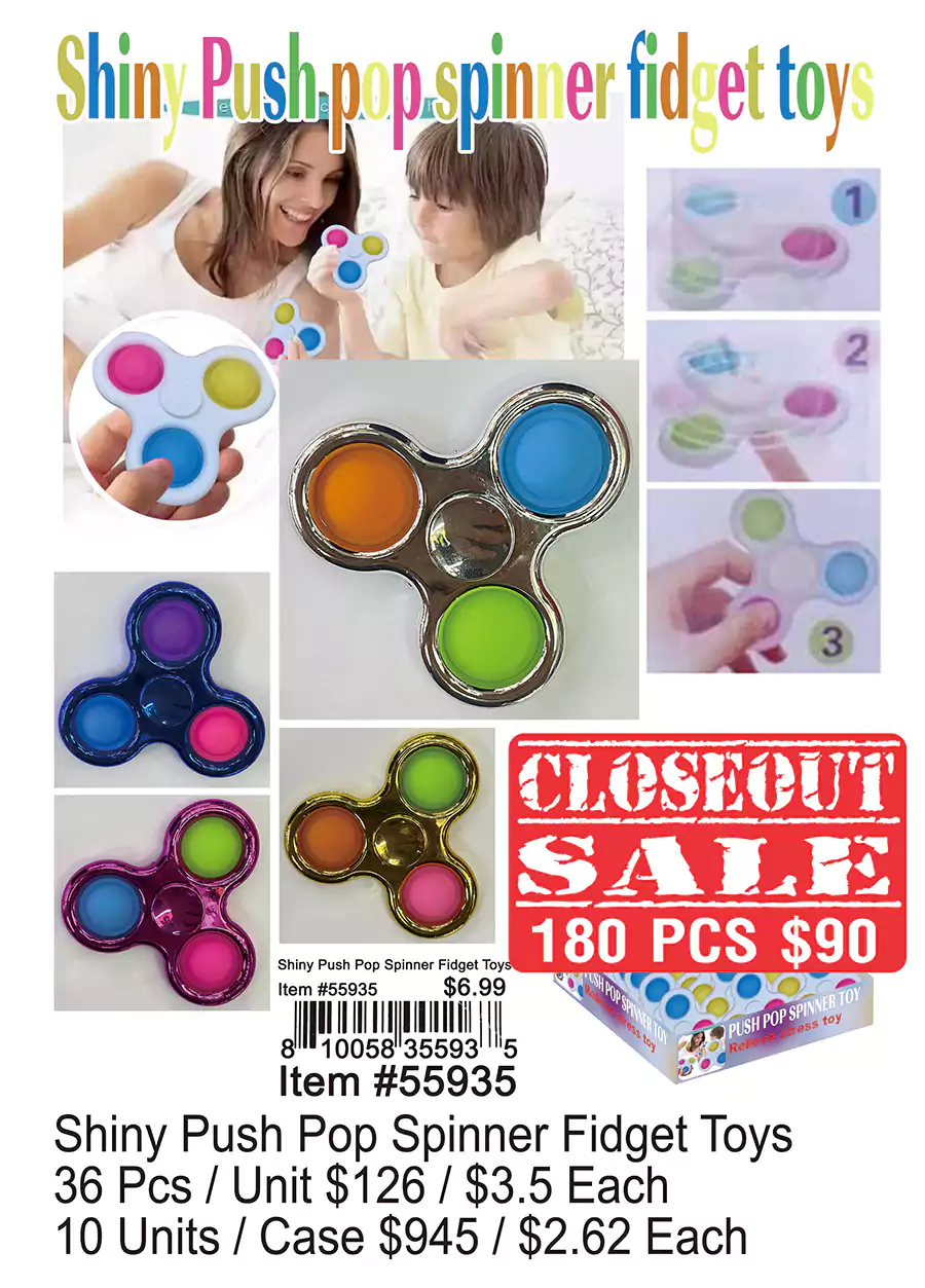 Shiny Push Pop Spinner Fidget Toys - Closeout 180 Pcs.